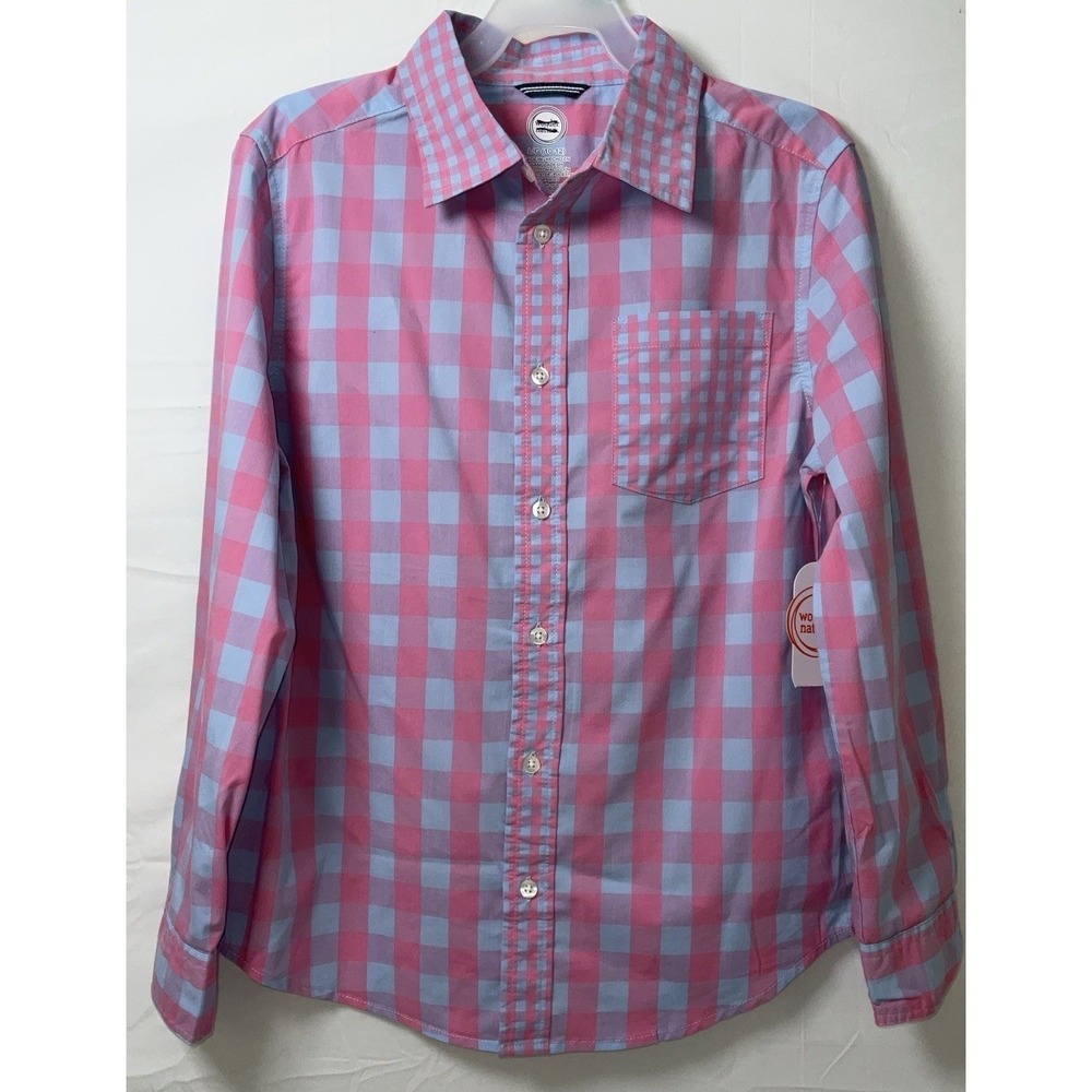 NWT Boy's Wonder Nation Long Sleeve Button Front Pink & Blue Gingham Shirt Large